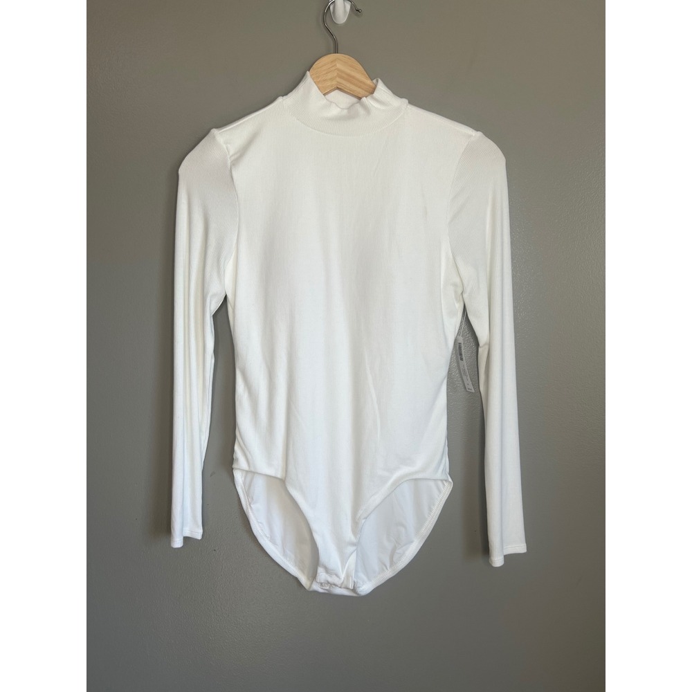 Soma body rib mock neck bodysuit optic white xs long sleeve built in bra modern